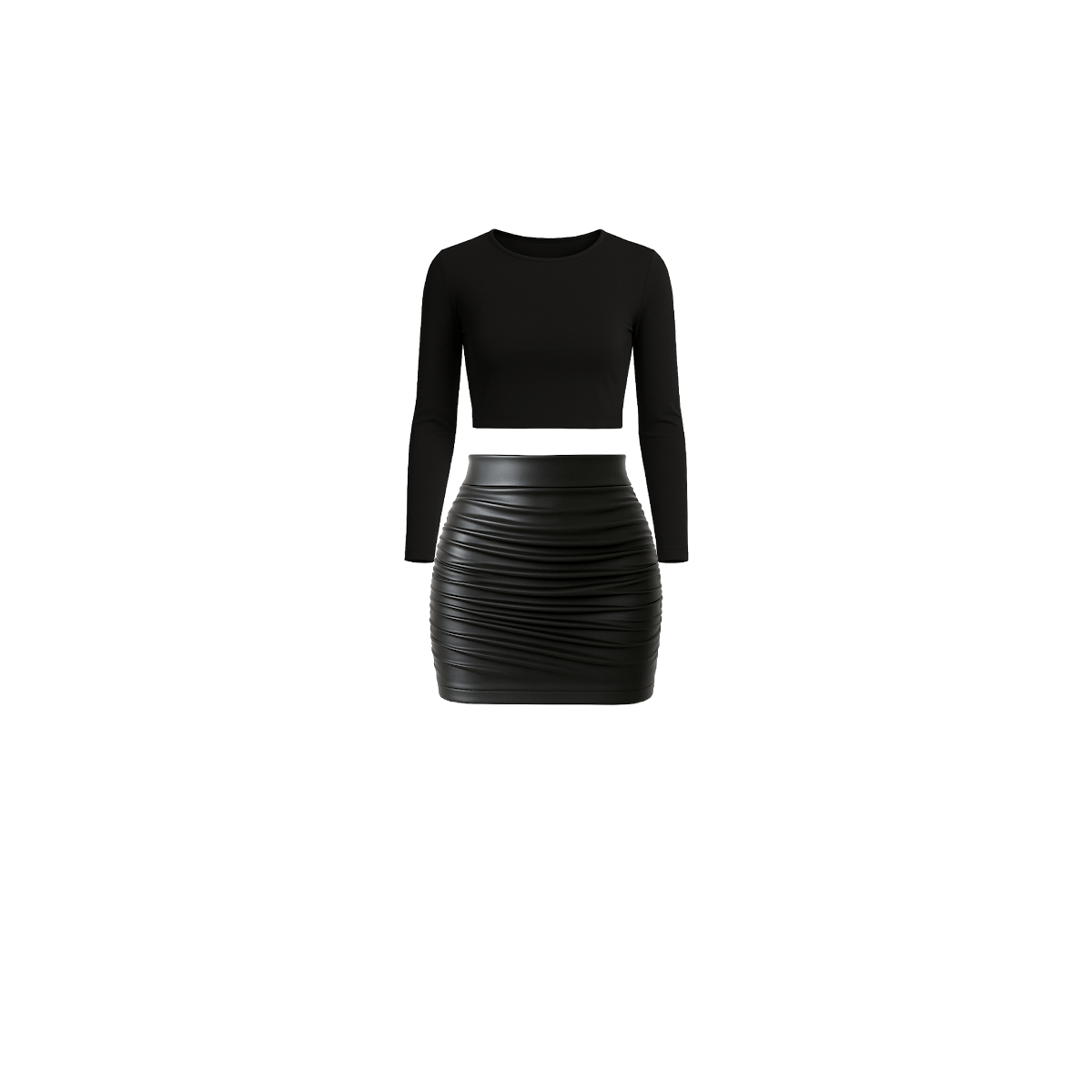 Long Sleeved Crop Top + Pleather Ruched Mini Skirt - EMMYDEVEAUX