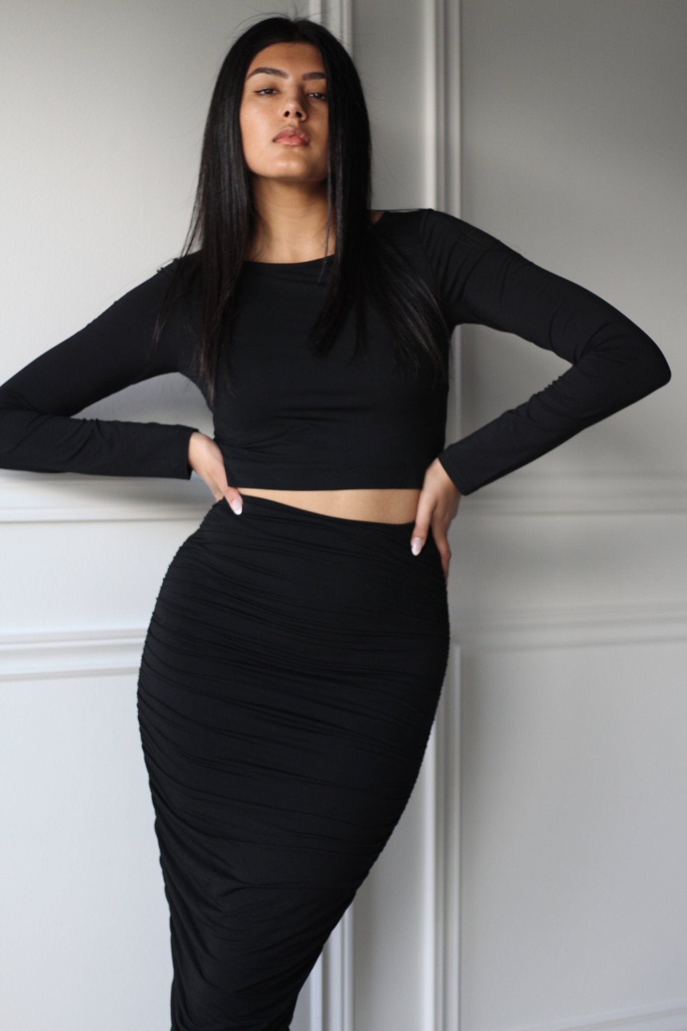 Long Sleeved Crop Top + Ruched Maxi Skirt - EMMYDEVEAUX