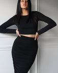 Long Sleeved Crop Top + Ruched Maxi Skirt - EMMYDEVEAUX
