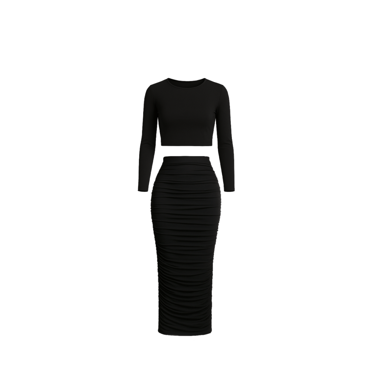 Long Sleeved Crop Top + Ruched Maxi Skirt - EMMYDEVEAUX