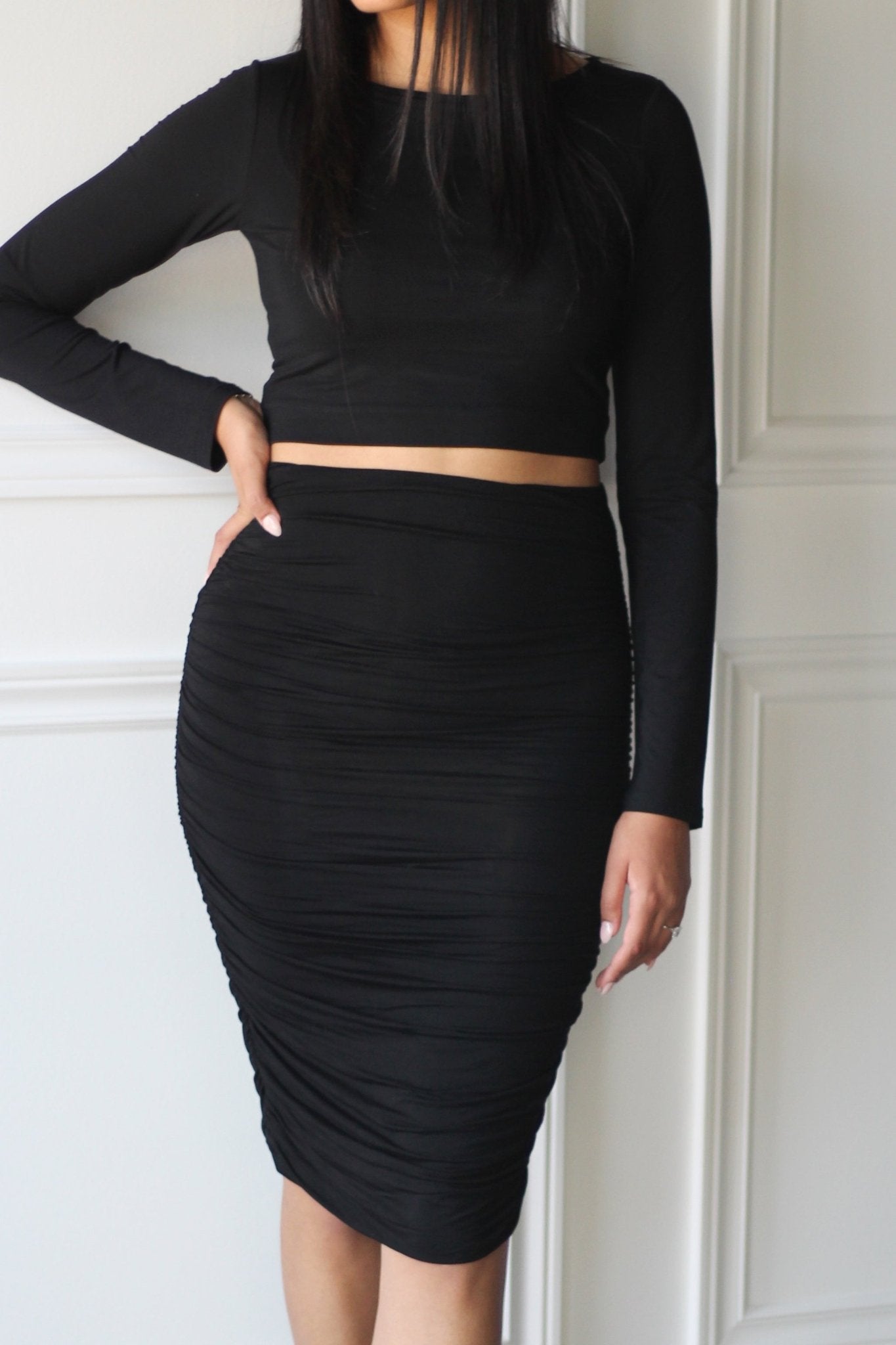 Long Sleeved Crop Top + Ruched Midi Skirt - EMMYDEVEAUX