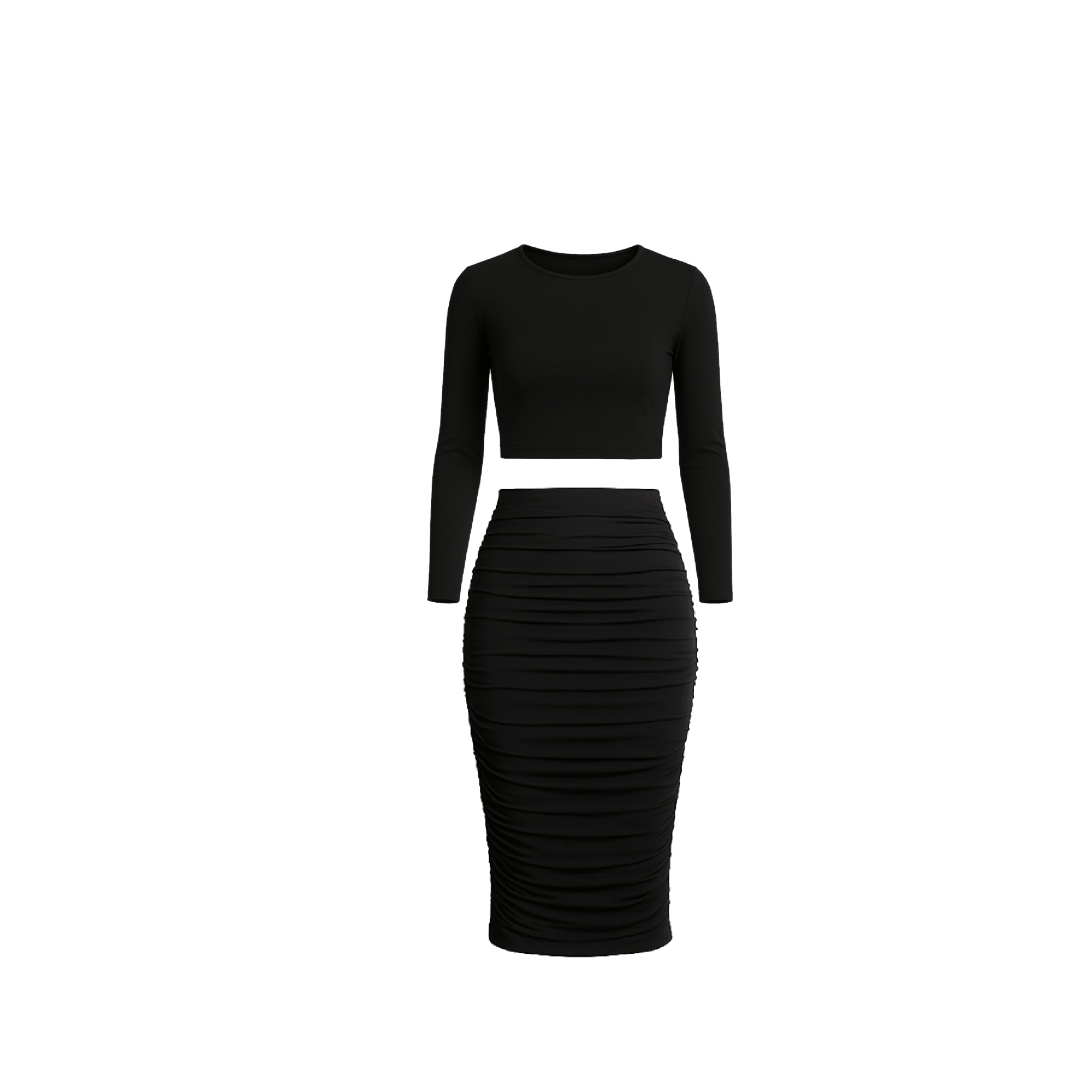 Long Sleeved Crop Top + Ruched Midi Skirt - EMMYDEVEAUX