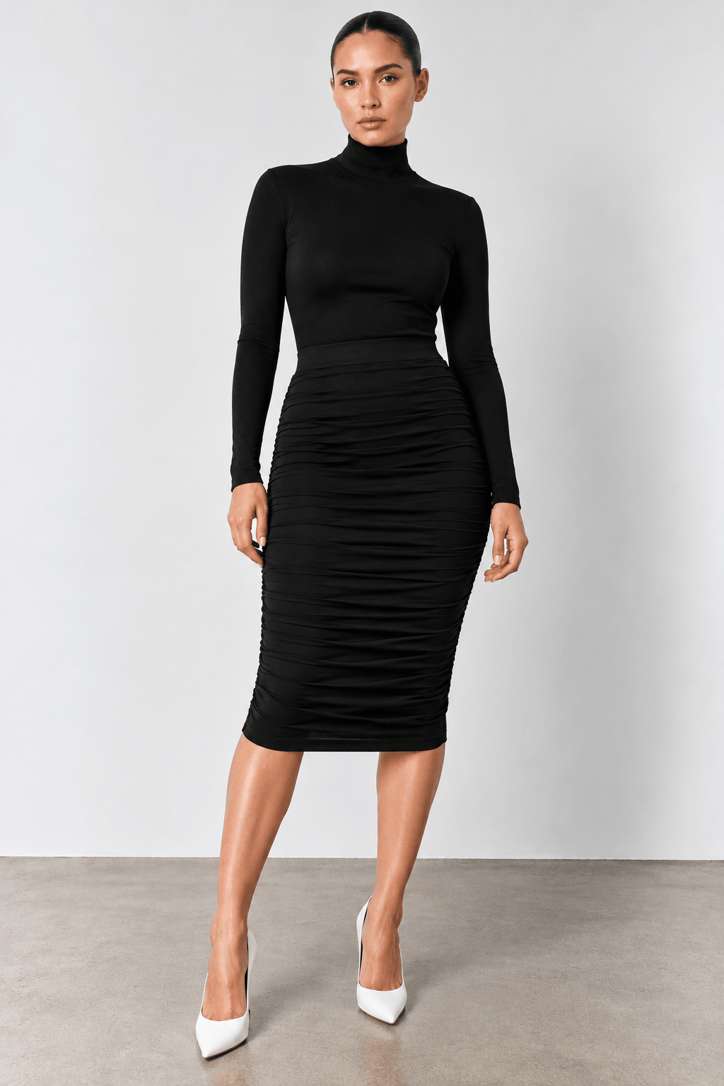 Ruched Midi Skirt - EMMYDEVEAUX