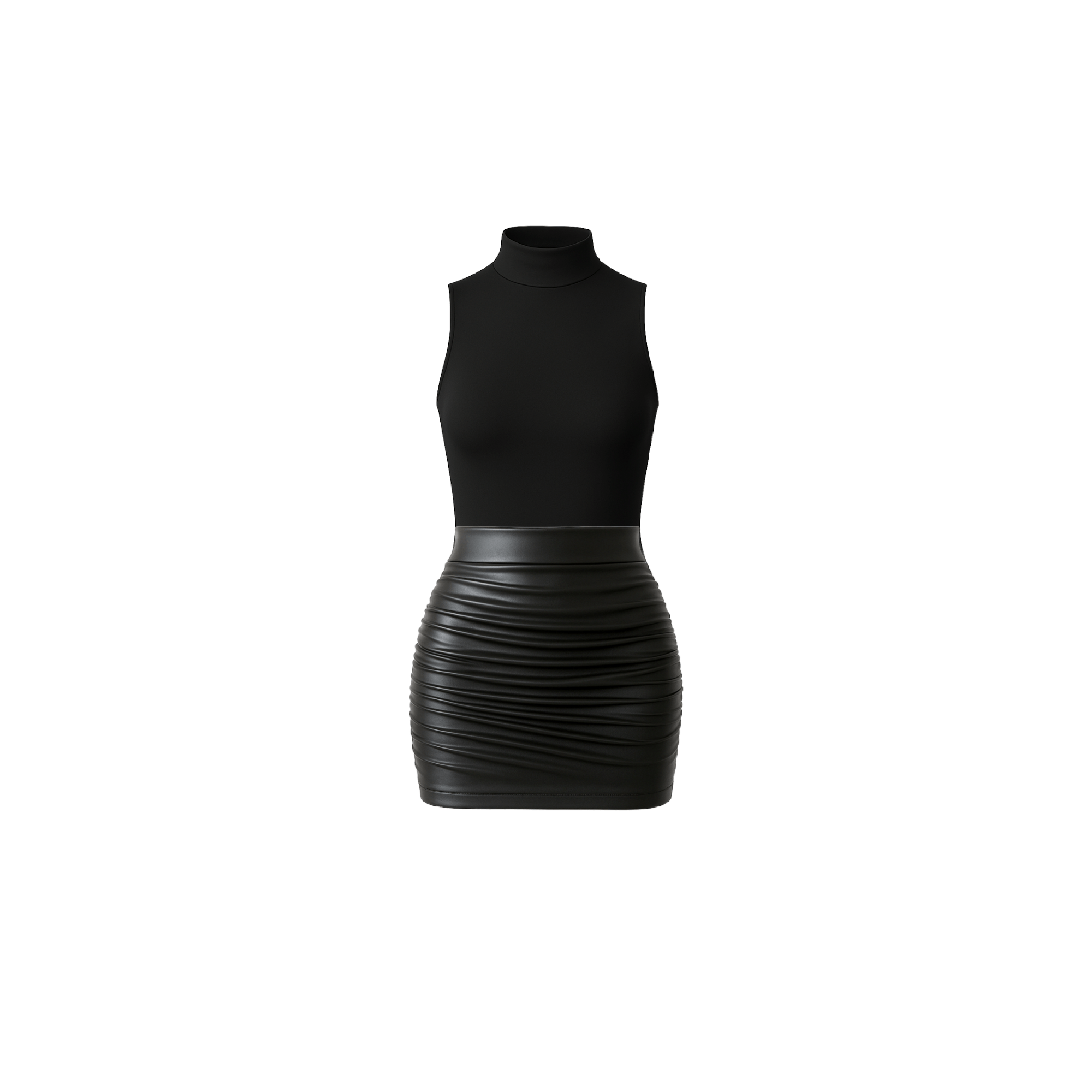 Sleeveless Turtleneck Bodysuit + Pleather Ruched Mini Skirt - EMMYDEVEAUX